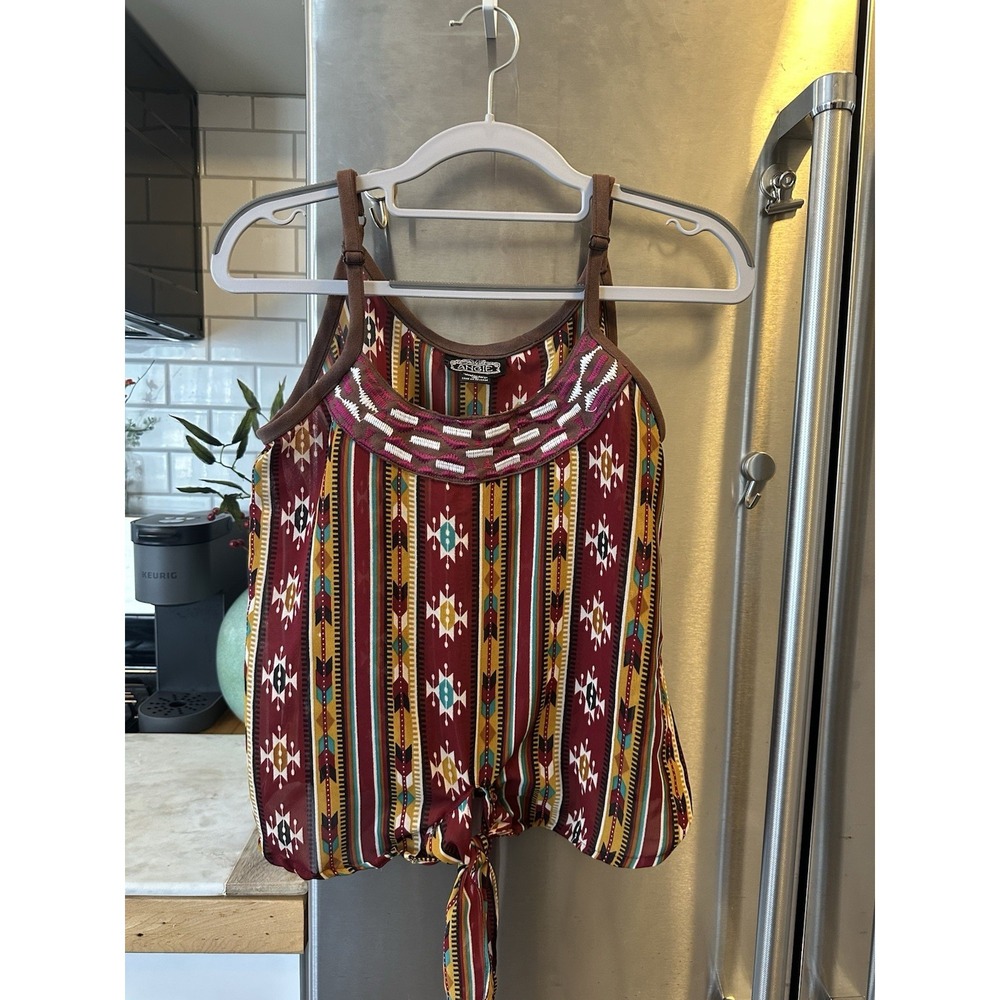 Rodeo Navajo Southwester Tank Shear Adj Strap Tie Bottom Festival Line Dance S/M